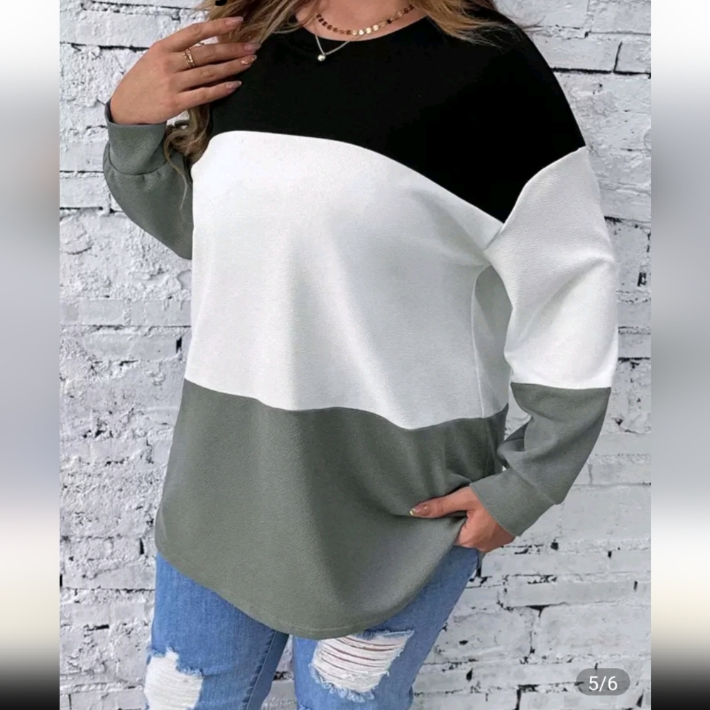 Shein Curve Size 1XL Black, White & Gray Color Block Long Sleeve Top